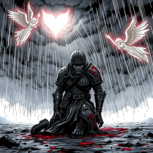 A bloody soldier bowing down before God
