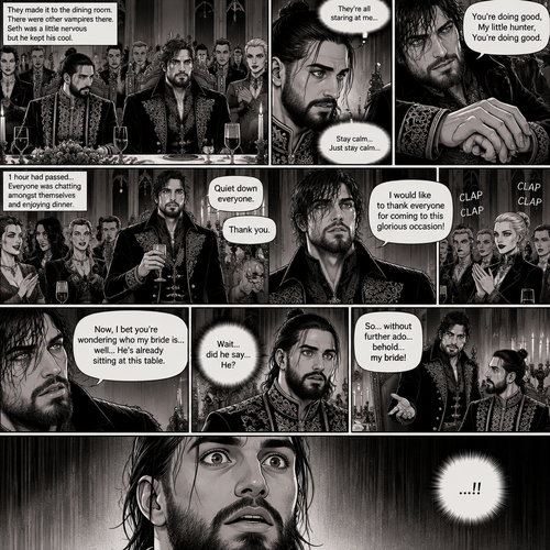 (Recap) Seth Rollins (The vampire hunter) was in a royal bedroom lost in thought,The maids knocked on the door and said “Greetings Hunter,Our King has asked us to help you get ready for the feast”,One of the maids brushed Seth’s hair and put it in a neat bun while the other maids get his fancy outfit ready,Seth puts the fancy outfit on,they left the room,Jon Moxley (the vampire king was waiting for them at the bottom of the stairs,Jon thought Seth looked perfect,He dismissed the maids,gently took Seth’s hand and walked to the dining room. (And now part 4). They made it to the dining room,there were other vampires there. Seth was a little nervous but he kept his cool. Jon and Seth took their seats,Jon’s seat was at the head of the table and Seth’s seat was right beside Jon’s. The vampires were staring at Seth,He’s a little nervous. Sensing that Seth was nervous Jon gently rubbed Seth’s hand with his thumb. “You’re doing good,My little hunter,You’re doing good” Jon whispered to Seth. Seth relaxed a little. 1 hour had passed,everyone was chatting amongst themselves and enjoying dinner. Seth couldn’t figure out who Jon’s bride could be…well….he’s about to find out. Jon slowly stood up and gently tapped his glass to get everyone attention. “Quiet down everyone” Said Jon. Everyone quieted down and looked at Jon. “Thank you” said Jon. He puts his glass on the table. “I would like to thank everyone for coming to this glorious occasion!” Said Jon. Everyone clapped. “Now,I bet you’re wondering who my bride is…well…He’s already sitting at this table” Said Jon. “Wait…did he say…He?” Seth said in his mind. “So…without further ado…behold…my bride!” Jon said while gesturing…Towards Seth. Seth was shocked