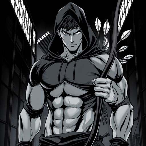 Buff man with a black hoodie and a bow in arrow 
