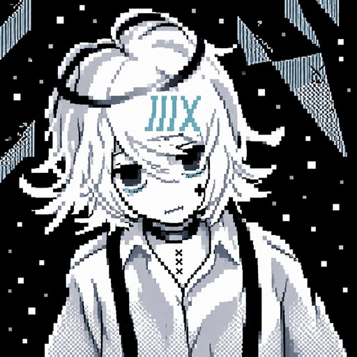 Monochrome manga illustration of a person with light hair looking down amid pixel-like shapes.