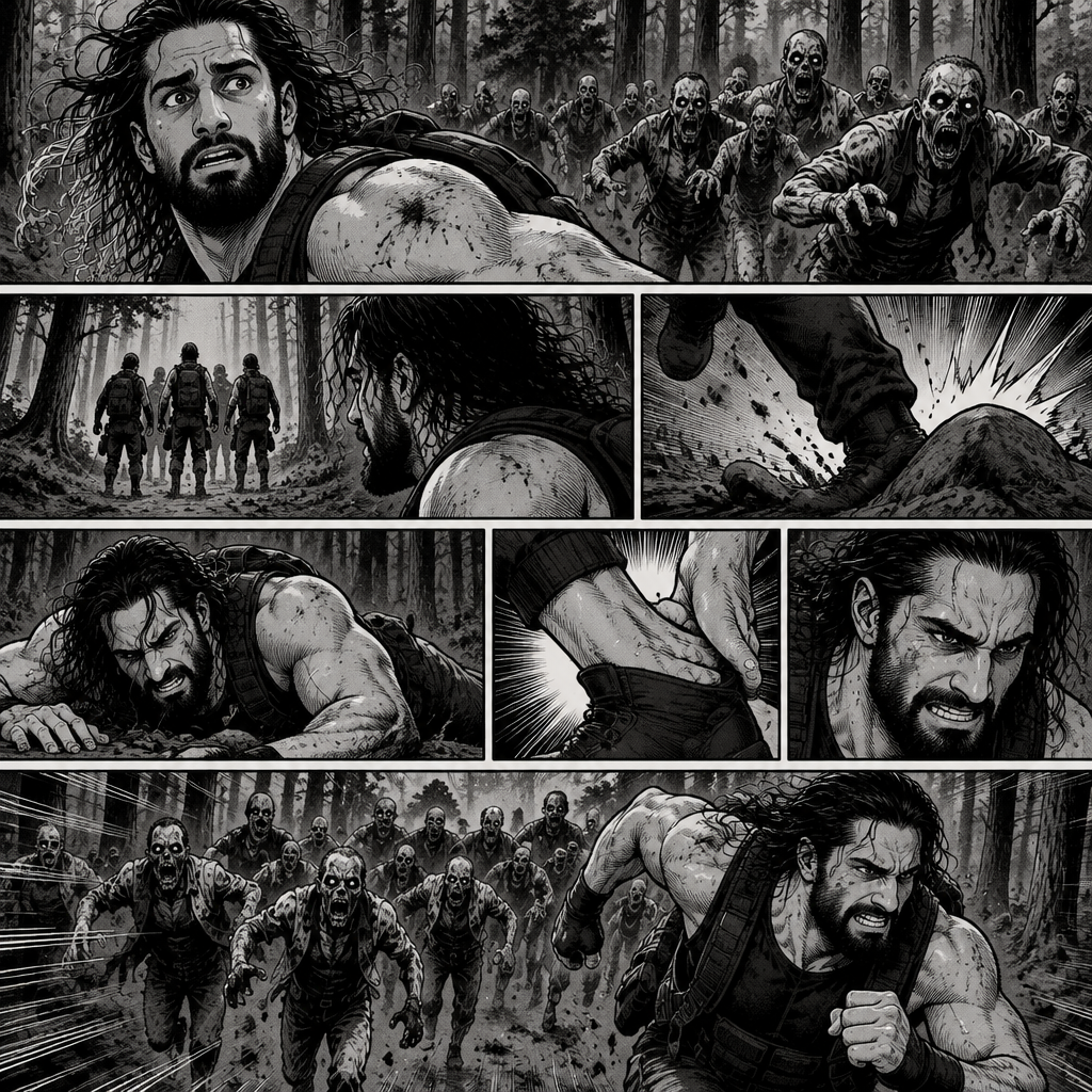 We’re in the woods during a zombie apocalypse,Someone was running…and that someone…is Seth Rollins. He was running from a zombie horde after being abandoned and left to die by his own group. He kept running….Till he tripped on a rock and sprained his ankle. The zombie horde was gaining on Seth,So he kept running despite the pain in his ankle