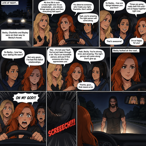 It was late at night,Becky Lynch Was in a car with Charlotte Flair and Bayley. They were driving to Becky’s house. Charlotte was talking about her complicated love life. Becky and Bayley were giving her words of comfort and support. Charlotte then asked Bayley how things were between her and Finn Bálor (They’re dating in this story). Bayley said things were going very well between the two of them. Becky and Charlotte were both happy to hear that. Bayley then looked at Becky and asked How HER dating life had been. Becky got a sad look on her face as she admitted that her dating life wasn’t doing very good,She had Five failed relationships. Charlotte and Bayley gave Becky words of comfort. Becky felt a little better. Then Becky looked at the road and suddenly yelled “OH MY GOD!!” And slammed on the breaks. There was a man (Seth Rollins) standing in front of the car,He was covered in bad scratches