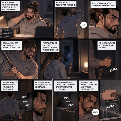 (Recap) Seth Rollins (College student) Arrives at math class and sits at his usual desk,Damien Priest (The bad boy) arrives as well,He sits on the desk next to Seth,Seth was focusing on the math lesson…Damien wasn’t,He was only focusing on Seth like he was the most beautiful angel he’s ever seen,”So beautiful” Damien thought in his mind,After class ended Seth was at his locker when suddenly Damien appeared behind him startling Seth. (And now part 2). It was late at night,Seth just finished studying in his college house. He was about to turn in for the night….Then he heard a noise coming from downstairs. He grabbed a bat and slowly walked downstairs…the front door was open. A sense of dread washed over him. The slowly walked to the door and closed it,Then he heard a dripping sound coming from the kitchen. He slowly walked to the kitchen to investigate,there was nothing there…just the sound of dripping water in the sink,He sighed and walked to the sink and turned the faucet off