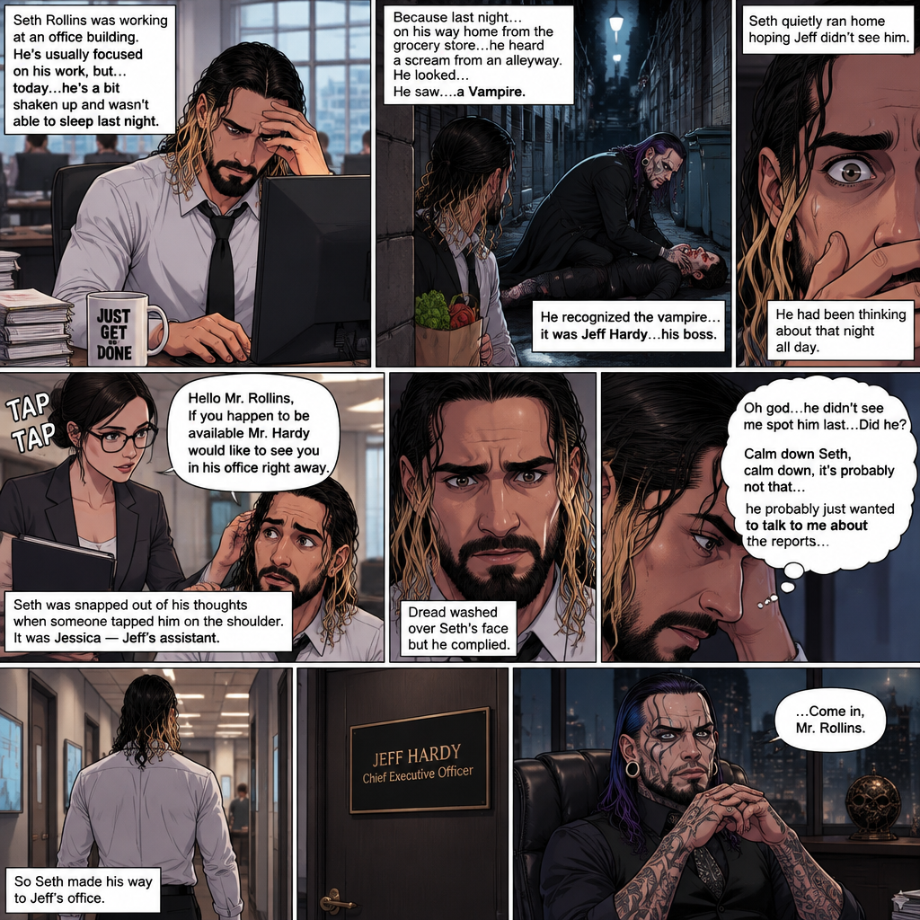 Seth Rollins was working at an office building. He’s usually focused on his work,But…today….he’s a bit shaken up and wasn’t able to sleep last night. Because last night….on his way home from the grocery store…he heard a scream from an alleyway. He looked…He saw….a Vampire. He recognized the vampire…it was Jeff Hardy…his boss. Seth quietly ran home hoping Jeff didn’t see him. He had been thinking about that night all day. He was snapped out of his thoughts when someone tapped him on the shoulder,It was Jessica Jeff’s assistant. “Hello Mr.Rollins,If you happen to be available Mr.Hardy would like to see you in his office right away” said Jessica. Dread washed over Seth’s face but he complied. “Oh god…he didn’t see me spot him last…Did he?,Calm down Seth,calm down,it’s probably not that…he probably just wanted to talk to me about the reports” Seth though