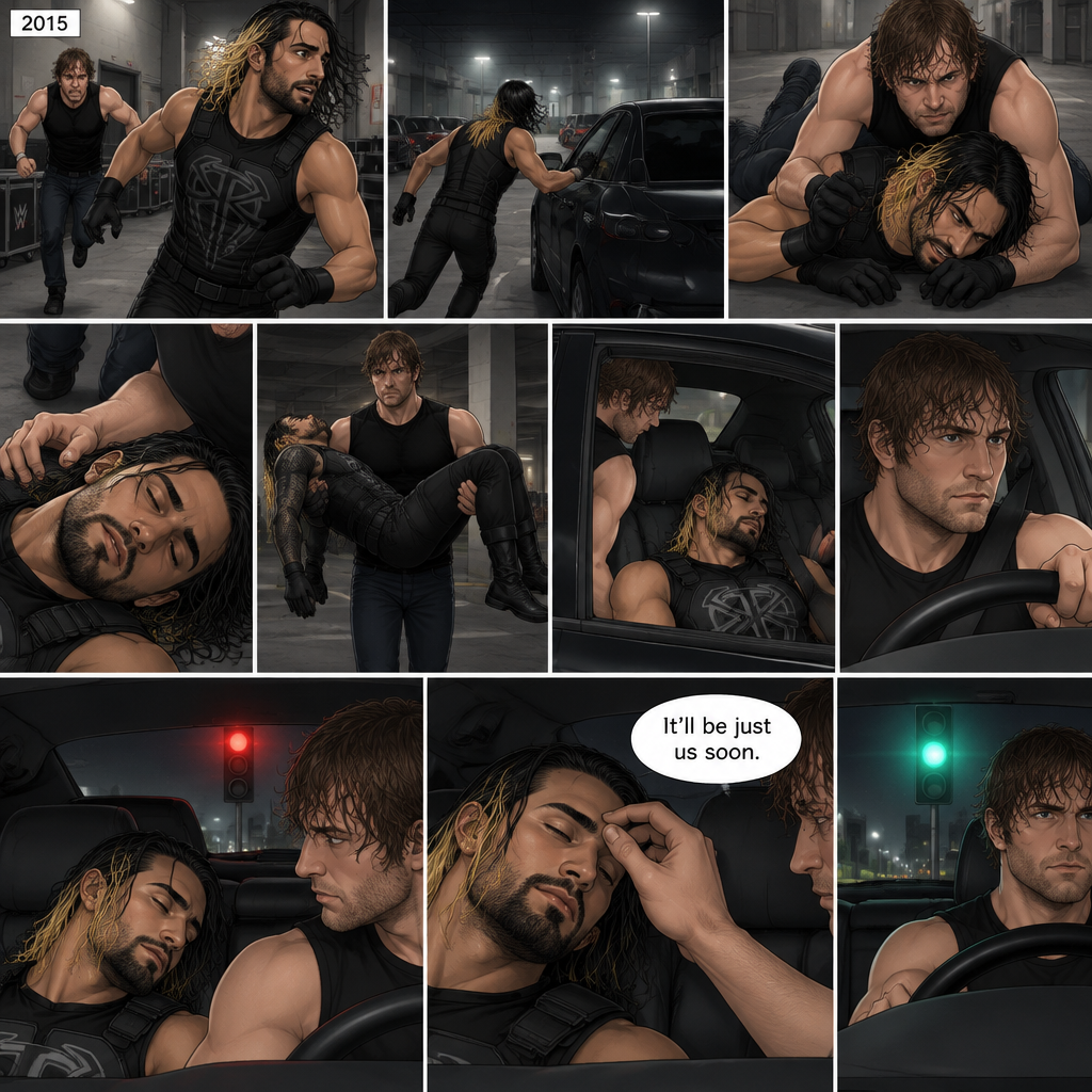 It’s the year 2015,Seth Rollins was being chased backstage by Dean Ambrose. Seth was running to his car,but before he could get there Dean tackled him. Seth struggled. Dean knocked him out. He lifted Seth in his arms and walked to his car. He put Seth in the passenger seat. He gets in his car and drove away. After a while he stopped at a red light. He looked at the unconscious Seth. He gently brushed Seth’s hair off his face. “It’ll be just us soon” Dean Whispered softly. Then the light went green and Dean continued driving. (End of part 1)