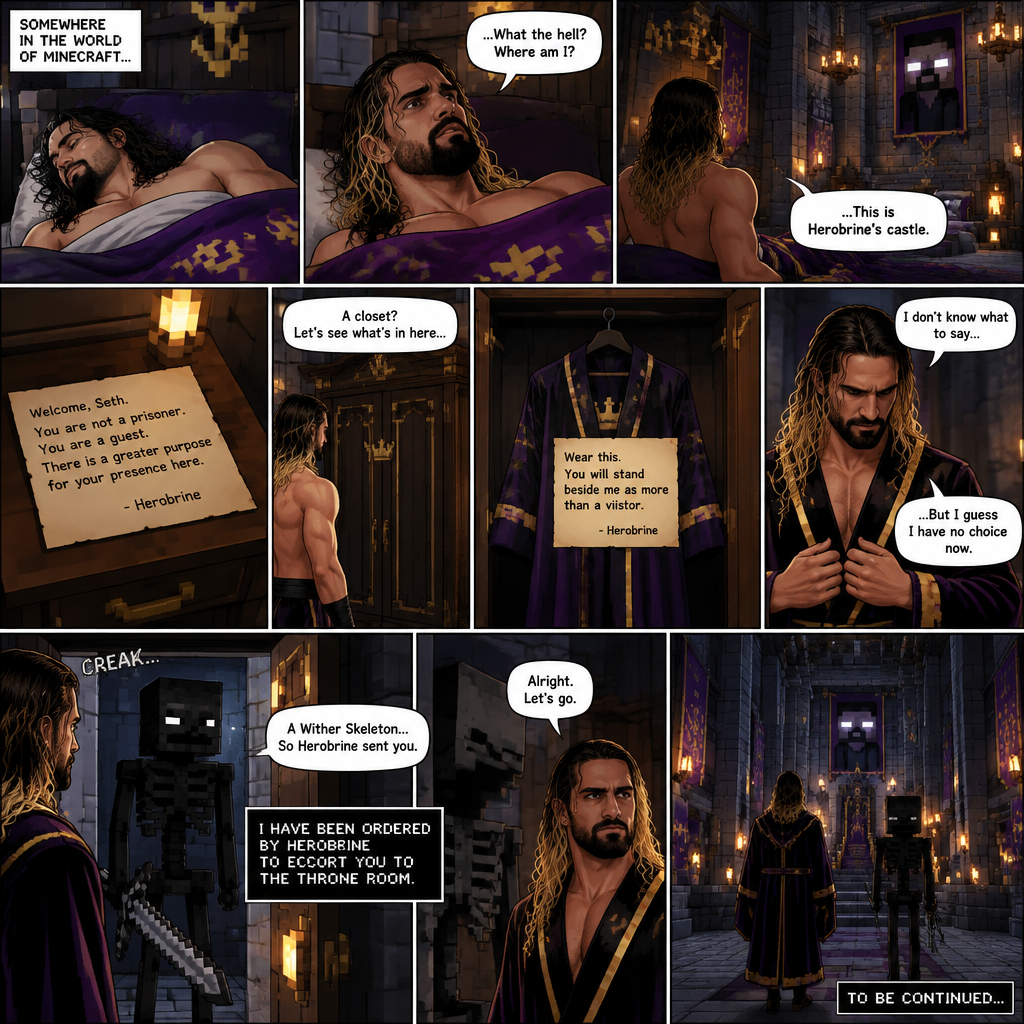 (Part 3) we’re now in the world of Minecraft. Seth Rollins was asleep in some sort of royal bed…Herobrine’s royal bed. Seth slowly woke up,He was confused as to where he is. As he looked around….he realized…he was in Herobrine’s castle. He slowly stood up,Then he noticed a note on the nightstand. He was confused as to what Herobrine ment in the note. He noticed the closet and walked to it. He opened it,there was a fancy robe and a note from Herobrine attached to it. Seth didn’t know what to say. Against his better judgment he puts it on. Then the door opened and a wither skeleton walked in,It was ordered by Herobrine to escort Seth to the throne room