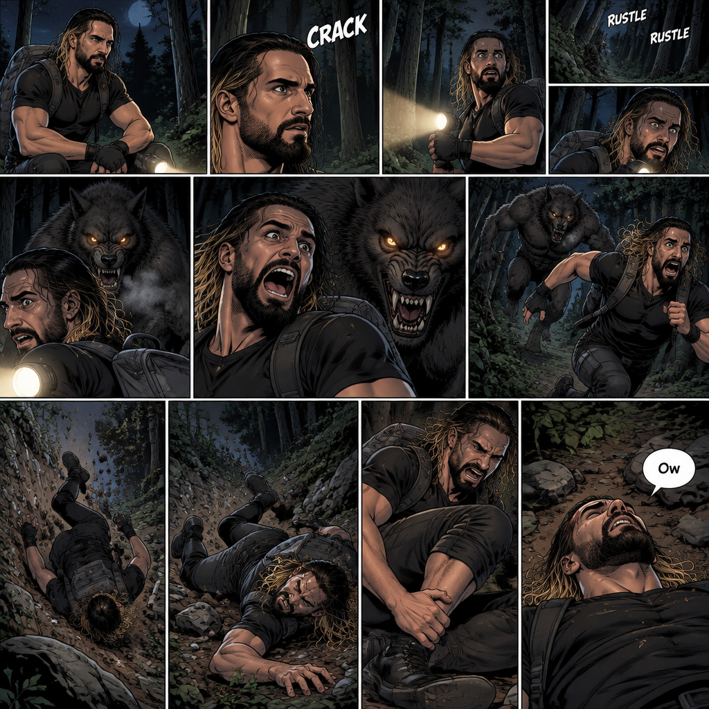 Seth Rollins was lost in the middle of the woods at night,The only this has right now is a backpack and a flashlight.He was about to take a break…then he heard something stepping on a twig.He looked around for the source pointing his flashlight,Then he heard something moving in the woods,He was looking frantically.He was about to give up….then he felt something breathing on him,his heart was beating loudly,He turned around slowly while pointing his flashlight…it was….A werewolf!!.Seth Yelled in fear and ran.The werewolf chased after him,It was gaining on Seth…but he wasn’t about to give up now..so he kept running.Seth was still running….then he tripped and rolled down a steep hill,He sprained his ankle on the way down…and then he hit his head at the bottom of the hill. “Ow” said Seth.He rolled on his back,His head and his ankle were hurting