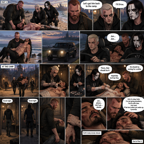 Part 3 of the apocalypse story.Jon Moxley,Darby Allin and Steven Borden (Sting’s son) Found Seth Rollins unconscious and badly injured on the beach while reminiscing about the time before the apocalypse.They had no idea what happened to him.Seth’s breathing was a bit shallow. “Let’s get him back to the camp” Said Jon. “I’ll Drive” Said Darby. Darby and Steven ran to the car,Jon lifted Seth in his arms and followed behind.Darby got in the driver’s seat,Steven got in the passenger seat and Jon got in the back while holding Seth,They drove to the camp,Then….Seth started saying Jon’s name in his unconsciousness,”Jon…Jon”,Jon held Seth tightly. “Don’t worry Seth,I got you” Jon whispered.They arrived at the camp,They got out and ran inside.Darby cleared a bed,Jon gently put Seth on it.Steven gets the medical kit while Darby Cleans Seth’s wounds,After Darby was done Steven bandaged Seth’s wounds. “There,that should do it” Said Steven. “Hopefully he’ll be fine” Said Darby. Jon gently stroked Seth’s head. “He should be resting for a while” said Steven. Steven and Darby went to their rooms to sleep.Jon was as about to get up…but then he felt a hand gripping his wrist…Seth subconsciously gripped Jon’s wrist and spoke in his subconscious “Jon…please…don’t go….please”. He sounded vulnerable,Jon sat down by Seth’s side and gently stroked his head In a soothing manner. “Shh it’s okay Seth,I’m not going anywhere,You’re safe now,Just rest,I’ll be here when you wake up,I promise” Jon whispered.Seth’s body slowly relaxed.End of part 3