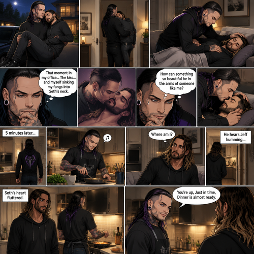 (Part 5 of the Vampire x human story) Jeff Hardy arrives at his house. He walks to the passenger side and gently lifts the sleeping Seth Rollins in his arms. He walks inside,Then he gently put Seth on his couch. He gently stroked Seth’s hair. Then he thought about that moment in Jeff’s office,The kiss and himself sinking his fangs into Seth’s neck. “How can something so beautiful be in the arms of someone like me?” Jeff asked himself. He gently kissed Seth’s forehead,Then he got up and walked to the kitchen. 5 minutes later,Jeff was making dinner and humming a tune. Meanwhile,Seth slowly woke up,He sat up and looked at his surroundings. “Where am I?” Seth asked himself,Then he heard Jeff humming. He got up and slowly walked to the kitchen. He sees Jeff humming and cooking. Seth’s heart fluttered. Then Jeff noticed Seth. “You’re up,Just in time,Dinner is almost ready” Said Jeff