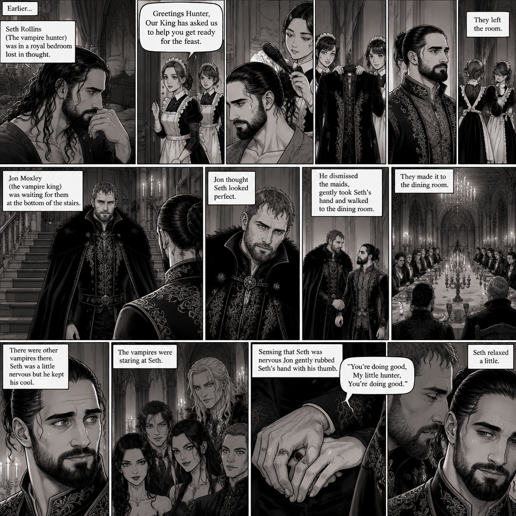 (Recap) Seth Rollins (The vampire hunter) was in a royal bedroom lost in thought,The maids knocked on the door and said “Greetings Hunter,Our King has asked us to help you get ready for the feast”,One of the maids brushed Seth’s hair and put it in a neat bun while the other maids get his fancy outfit ready,Seth puts the fancy outfit on,they left the room,Jon Moxley (the vampire king was waiting for them at the bottom of the stairs,Jon thought Seth looked perfect,He dismissed the maids,gently took Seth’s hand and walked to the dining room. (And now part 4). They made it to the dining room,there were other vampires there. Seth was a little nervous but he kept his cool. Jon and Seth took their seats,Jon’s seat was at the head of the table and Seth’s seat was right beside Jon’s. The vampires were staring at Seth,He’s a little nervous. Sensing that Seth was nervous Jon gently rubbed Seth’s hand with his thumb. “You’re doing good,My little hunter,You’re doing good” Jon whispered to Seth. Seth relaxed a little
