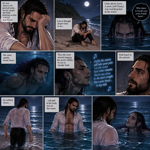 Seth Rollins was on a beach alone at night crying. He was about to be married today….but he caught the bride cheating on him with his best friend. He’s lost in thought about what to do,Little did he know…..A siren (Jeff Hardy) was watching him in the water. “Who dares to break your poor fragile heart” the siren said to himself. The siren quietly swam closer. Seth was still crying. Then the siren started singing the siren’s lullaby to try to Soothe Seth. Seth heard it,He noticed. He walked closer till half of his body was in the water
