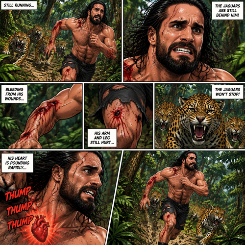 (Recap) Seth Rollins was on a cruise,then one night Thunder came,Seth got up from bed,The ship was rocking against the waves,Seth fell overboard,He swam as best he could,A wave crashed down on him,Everything went black,A few hours later,Seth woke up on shore,He was on an island,8 days have passed,He was still on the island,He walked to the jungle for more food,Then a group of jaguars attacked him,They bit him in the arm and leg,He managed to yank them off him and ran. (And now part 3). Seth was still running from the jaguars. He was bleeding from his wounds and his heart was pounding rapidly