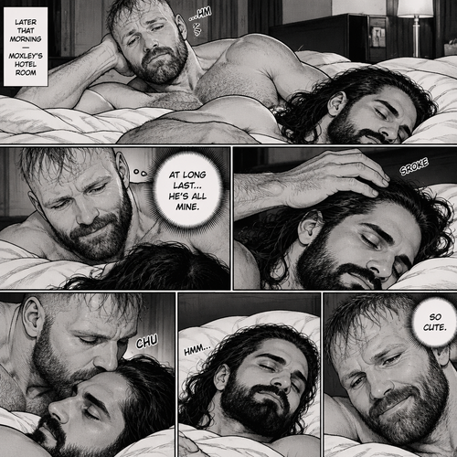 (Part 3). Still in Jon Moxley’s hotel room. Jon Moxley and Seth Rollins were asleep after last night’s activity. Jon slowly woke up,he looked down at Seth who was still asleep. Jon smiled,then he gently stroked Seth’s head. “At long last,He’s all mine” Jon thought to himself. He gently kissed Seth’s forehead. Seth hummed softly in his sleep. “So cute” Jon thought to himself