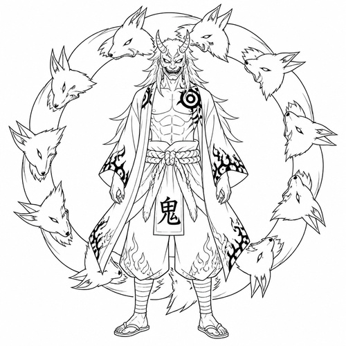 Oni Nine tailed fox oni circle behind him made of fox heads and tails. Full body easy level to trace