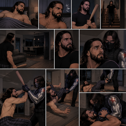 Seth Rollins was in his house about to go to bed…then he heard a noise downstairs. He grabbed a bat and went downstairs to investigate. He looked around,He sees nothing….at first…then he sensed a presence behind him. He swung the bat at the intruder…But the intruder grabbed it….with his metal arm. That’s right…it’s the winter soldier. He threw Seth’s bat away. Seth tried to ninja kick the winter soldier…but he grabbed his ankle and threw him on the ground. Then he grabbed Seth’s ankle again and pulled him closer. Seth struggled. The winter soldier got on top of him. Seth kept struggling
