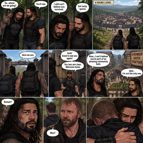 (Part 2 of the Zombie Apocalypse story). Still in the woods,Still far away from the zombies. Roman Reigns was still limping from the sprained ankle and Seth Rollins was helping him walk. It had been 4 hours since they reunited. “So…where are we going?” Roman asked. “You’ll see” said Seth. “I still can’t believe you survived” Said Roman. “Got lucky i guess” said Seth. They kept walking till they spotted a community like town up a head. “Here we are” Said Seth. They walked towards it. One of the guards recognized Seth. The guards let Seth and Roman in. Roman looked at the surroundings,he was amazed. “Wow…I can’t believe you’re part of an amazing community Seth” Said Roman. “Well…I’m not the only one” said Seth. Before Roman could ask what Seth ment….He heard a familiar voice behind him “Roman?”. He turned around…it was Jon Moxley (formerly known as Dean Ambrose). “Mox?” Asked Roman. Tears welled up In Jon and Roman’s eyes