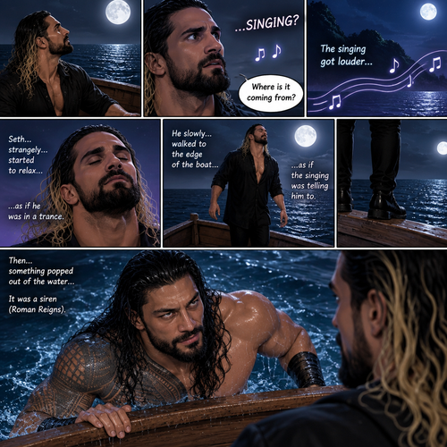 Seth Rollins was alone on a boat at night,He looked at the moon. Then….he heard…singing,he tried looking for the source. “Where is it coming from?” Seth asked himself. Then….the singing got louder,Then….Seth…strangely….started to relax…as if he was in a trance. He slowly…walked to the edge of the boat…as if the singing was telling him to. Then…something popped out of the water….it was a siren (Roman Reigns)