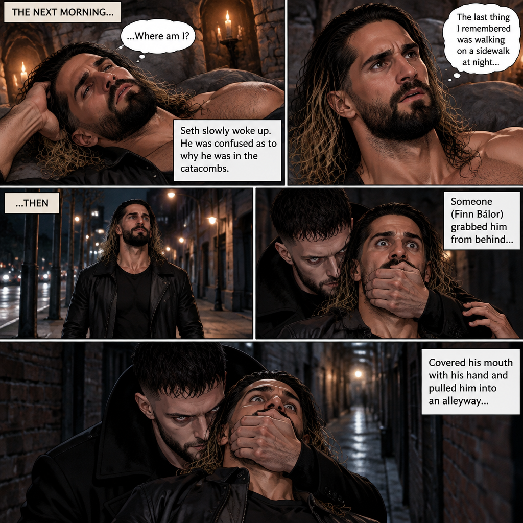 (Vampire Finn Bálor x Reincarnated Seth Rollins Part 3) The next morning,Seth slowly woke up. He was confused as to why he was in the catacombs.The last thing he remembered was walking on a sidewalk at night,Then someone (Finn Bálor grabbed him from behind,Covered his mouth with his hand and pulled him into an alleyway