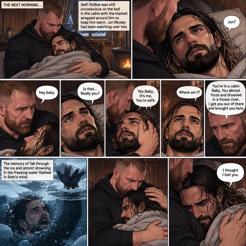 (The monster apocalypse/Moxollins story part 3). The next morning,Seth Rollins was Still unconscious on the bed in the cabin with the blanket wrapped around him to keep him warm. Jon Moxley had been watching over him Still holding him in his arms. Then Seth slowly regained consciousness,The first thing he sees is Jon looking down at him,Then he spoke softly “Jon?”. “Hey baby” Jon said softly. “Is that…Really you?” Seth asked softly. Jon gently stroked Seth’s cheek. “Yes Baby,It’s me,You’re safe” Jon said softly. “Where am I?” Seth asked softly. “You’re in a cabin Baby,You almost froze and drowned in a frozen river,I got you out of there and brought you here” Jon said Softly. The memory of fall through the ice and almost drowning in the freezing water flashed in Seth’s mind. Jon gently hugged him. Then…Seth started crying. Jon gently rubbed his back. “I thought I lost you” Seth said while crying