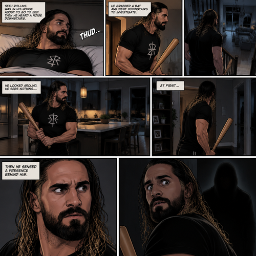 Seth Rollins was in his house about to go to bed…then he heard a noise downstairs. He grabbed a bat and went downstairs to investigate. He looked around,He sees nothing….at first…then he sensed a presence behind him