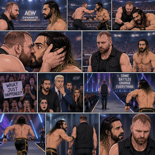Jon Moxley and Seth Rollins were in a match against each other. It’s the main event. It seemed like it was gonna go on for a while…but then….something unexpected happened. Jon cupped his hands on Seth’s face….pulled him in…and kissed him. Seth’s eyes widened,The fans went crazy with shock,even some of the superstars that were watching were shocked. Jon then pulled away. Seth just stood there stunned. Jon didn’t say a word,he walked out of the ring and walked up the ramp. Seth eventually snapped out of it and left the ring to run to Jon. He managed to catch up to him