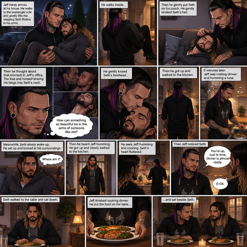 (Part 5 of the Vampire x human story) Jeff Hardy arrives at his house. He walks to the passenger side and gently lifts the sleeping Seth Rollins in his arms. He walks inside,Then he gently put Seth on his couch. He gently stroked Seth’s hair. Then he thought about that moment in Jeff’s office,The kiss and himself sinking his fangs into Seth’s neck. “How can something so beautiful be in the arms of someone like me?” Jeff asked himself. He gently kissed Seth’s forehead,Then he got up and walked to the kitchen. 5 minutes later,Jeff was making dinner and humming a tune. Meanwhile,Seth slowly woke up,He sat up and looked at his surroundings. “Where am I?” Seth asked himself,Then he heard Jeff humming. He got up and slowly walked to the kitchen. He sees Jeff humming and cooking. Seth’s heart fluttered. Then Jeff noticed Seth. “You’re up,Just in time,Dinner is almost ready” Said Jeff. “O-Ok” Seth said nervously. Seth walked to the table and sat down. Jeff finished cooking dinner. He put the food on the table and sat beside Seth