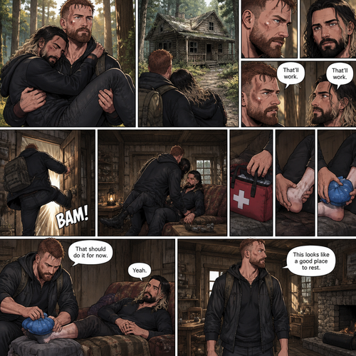 (Part 5). Still in the zombie apocalypse. Jon Moxley was walking in the woods while Holding Seth Rollins in his arms after emotional reunion near the river. Seth was resting his head on Jon’s shoulder while holding on. Jon looked ahead and he sees an abandoned Cabin. Seth Sees it too. Jon and Seth looked at each other,Then they looked back at the cabin. “That’ll work” Jon and Seth said in unison. Jon walked to the cabin,Then he kicked the door open and walked inside. He gently put Seth down on the couch. He reached into his bag and pulled out a first aid kit,He gently lifted Seth’s sprained ankle,He grabbed an ice pack from the first aid kit and gently puts it on Seth’s ankle. “That should do it for now” said Jon. Seth nodded. Jon looked at his surroundings. “This looks like a good place to rest” said Jon