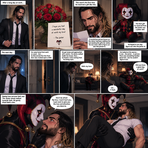 Seth Rollins came home after a long day,He discovered a bouquet of roses on his table. He reads the card,it says “I hope you had a wonderful day at work my love!-The jester”. This wasn’t the first time he received a gift like this. A mysterious person known as the Jester had been stalking him and sending him gifts for weeks. He was never able to figure who this person is. The first gift he received from the jester was a jester doll. He hoped to one day figure out who the jester is. The next day,he came home from work as usual….but….he discovered that the front door was cracked open a little. He got tense and approached with caution. He slowly walked inside the house,then….he heard a voice coming from the living room “Hello my love”. He looked at the source….it was…the jester….in person,Sitting on Seth’s couch. There was something familiar about him…but Seth couldn’t figure it out. “Did you have a good day at work?” Asked the Jester. Seth was a little nervous. “Um…Y-Yeah” said Seth. Seeing how nervous Seth was The Jester slowly walked towards Seth. He gently lifted Seth’s chin. “Don’t be afraid My love,I won’t hurt you,I just want to give you the love and attention you deserve” the jester said softly. Seth blushed a little. The jester lifted Seth in his arms