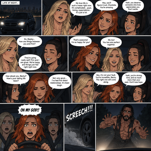 It was late at night,Becky Lynch Was in a car with Charlotte Flair and Bayley. They were driving to Becky’s house. Charlotte was talking about her complicated love life. Becky and Bayley were giving her words of comfort and support. Charlotte then asked Bayley how things were between her and Finn Bálor (They’re dating in this story). Bayley said things were going very well between the two of them. Becky and Charlotte were both happy to hear that. Bayley then looked at Becky and asked How HER dating life had been. Becky got a sad look on her face as she admitted that her dating life wasn’t doing very good,She had Five failed relationships. Charlotte and Bayley gave Becky words of comfort. Becky felt a little better. Then Becky looked at the road and suddenly yelled “OH MY GOD!!” And slammed on the breaks. There was a man (Seth Rollins) standing in front of the car,He was covered in bad scratches. He had a frightened expression on his face,He looked like he got attacked by a wild animal. Becky,Charlotte and Bayley were horrified