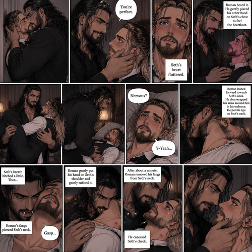 Part 3 of the Vampire x Butler story.Sill in the bedroom of the man of the house (Roman Reigns). He was kissing the Butler (Seth Rollins) against the wall. He smiled at Seth afterwards. Seth was flustered.Roman gently put his hand on Seth’s cheek. “You’re perfect” Roman said softly.Seth’s heart fluttered.Roman heard it,He gently placed his other hand on Seth’s chest to feel the heartbeat.After a while he lifted Seth into his arms.He walked to the bed and gently put Seth down on the bed.Seth looked up at Roman nervously. “Nervous?” Asked Roman. “Y-Yeah” Said Seth.Roman leaned forward towards Seth’s neck.He then wrapped his arms around him in his embrace.He put his lips on Seth’s neck.Seth’s breath hitched a little,Then….Roman’s fangs pierced Seth’s neck.Seth gasped softly.Roman Gently put his hand on Seth’s shoulder and gently rubbed it. After about a minute,Roman removed his fangs from Seth’s neck. He caressed Seth’s cheek. Seth looked at Roman