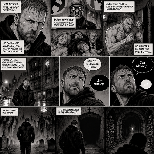 Jon Moxley as a vigilante born from tragedy. When he was 18 years old his family was murdered by a villain known as Baron Von Virus. Since then he had been training himself underground. One night he was walking home to his run down apartment…then he heard a mysterious voice call out his name. “Hello?…Is someone there?” Jon asked. It called out his name again. He followed the voice to the catacombs in the graveyard