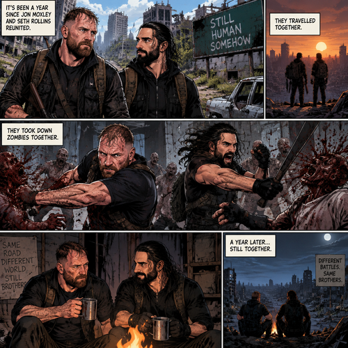 (Part 6). Still in the zombie apocalypse. “it’s been a year since Jon Moxley and Seth Rollins reunited. They travelled together,They took down zombies together 