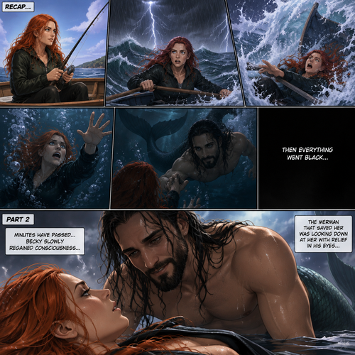(Recap) Becky lynch was fishing,then a combination of thunder,Heavy waves and heavy rain happened,She tried to row back to shore but a giant wave crashed down on her boat,she started to sink in the ocean,then a shadowy silhouette of a mysterious creature (Seth Rollins as a merman) swam towards her,Then everything went black. (And now onto part 2). Minutes have passed,Becky slowly regained consciousness,The merman that saved her was looking down at her with relief in his eyes