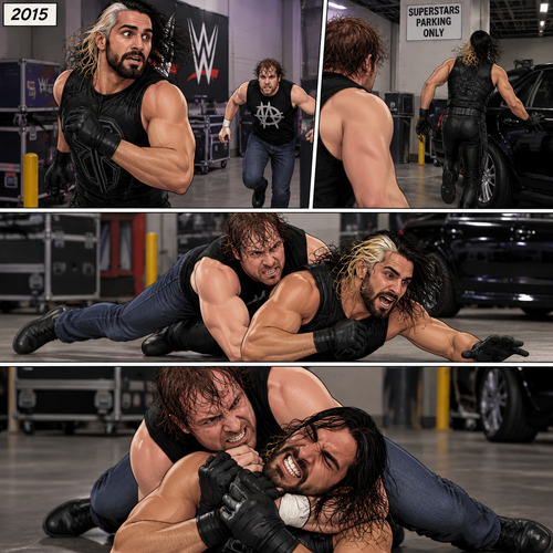 It’s the year 2015,Seth Rollins was being chased backstage by Dean Ambrose. Seth was running to his car,but before he could get there Dean tackled him. Seth struggled