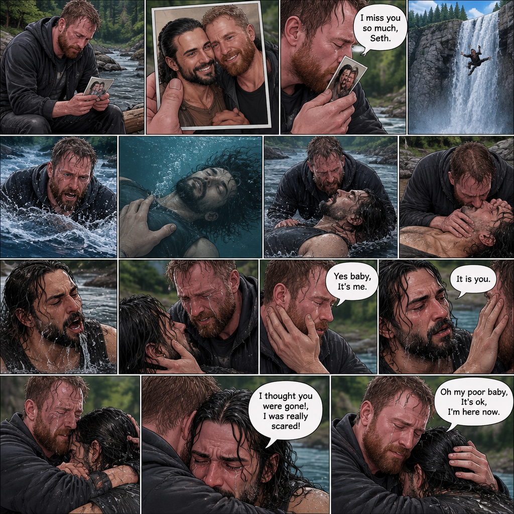 (Recap) Still in the zombie apocalypse. (This was Jon Moxley’s POV). Jon sat on a log near the river alone looking sad,He was looking at a romantic photo of him and Seth Rollins before the apocalypse began,He thought Seth died the day of the apocalypse started 4 years ago,He gently kissed the photo and said he misses Seth So much,He saw someone fall down the waterfall,he jumped in the water,As he swam he got a better look at the person,It turned out to be Seth,He swam faster and got him,He was to shore and Gently placed Seth’s down,He did CPR and mouth to mouth on Seth,When all hope seemed lost Seth coughed out water,Jon gently held Seth with tears of joy streaming down his face,Seth slowly opened his eyes,”Jon?” Seth asked weakly. (And now part 4). Jon gently placed his hand on Seth’s cheek. “Yes baby,It’s me” Jon said Softly. Seth gently placed his hand on Jon’s cheek to see if he’s real,Tears streamed down his face. “It is you” Seth said through his tears. Jon gently pulled Seth into a hug,Seth cried on Jon’s shoulder. Jon gently stroked the back of Seth’s head while Seth continued to cry on Jon’s shoulder. “I thought you were gone!,I was really scared!” Seth said through his tears. “Oh my poor baby,It’s ok,I’m here now” Jon said softly