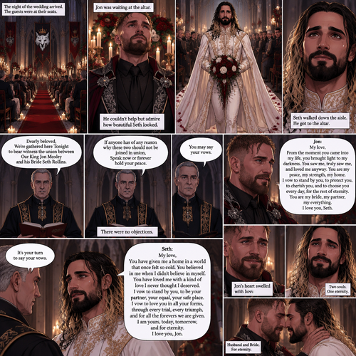 (Recap) Seth Rollins (The vampire hunter turned Bride of the Vampire king) Reunited with his long lost brother Aj Styles,Time skip to 3 days before the wedding,Seth and Jon Moxley (Vampire King) were still preparing,Aj helped out,The night before Aj had told Jon and Seth that he’s a werewolf,Seth and Jon were shocked but were happy that Aj was being honest with them,Seth was on the balcony Looking at the view and Looking nervous about the wedding,Jon appeared behind him checking in on him,“Can’t sleep?” Jon asked,“No” Said Seth,Jon wrapped his arms around him,“What’s on your mind?” Jon asked,”I’m just very nervous about our wedding,Don’t get me wrong I want to marry you…It’s just….what if I mess up? What if people don’t like me?…what if…..I’m not enough….for you?” Said Seth,”Look at me my love” Jon said softly,Seth looked up at him,”You’re not gonna mess up,I’ll be right with you,If people don’t like you they’ll have to deal with me,You ARE enough for me,You’re the only one I want,The ONLY one i love,You’re mine..and I’m yours,For eternity” Jon said softly,Seth’s heart fluttered,Jon kissed him softly,”I love you” Jon said Softly,”I love you too” Seth said softly,They kissed again. (And now part 9) The night of the wedding arrived,The guests were at their seats. Jon was waiting at the altar. The wedding music started playing. Seth walked down the aisle. Jon couldn’t help but admire how beautiful Seth looked. Seth got to the altar. “Dearly beloved,We’re gathered here Tonight to bear witness the union between Our King Jon Moxley and his Bride Seth Rollins” Said the officiant. “If anyone has of any reason why these two should not be joined in union,Speak now or forever hold your peace” The officiant continued. There were no objections. The officiant looked at Jon and said “You may say your vows”. Jon says his vows. Afterwards The officiant looked at Seth and said “It’s your turn to say your vows”. Seth says his vows