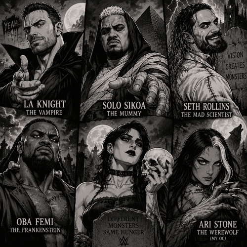 LA Knight,Solo Sikoa,Seth Rollins,Oba Femi,Rhea Ripley and Ari Stone (My Female wrestler oc) as classic Horror monsters 