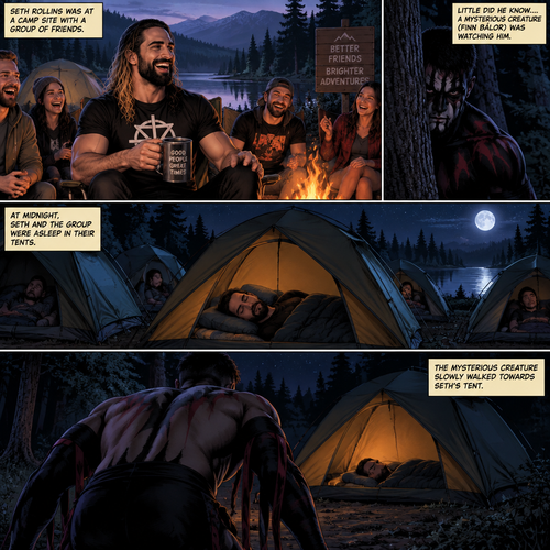Seth Rollins was at a camp site with a group of friends,Little did he know….a mysterious creature (Finn Bálor) was watching him. At midnight,Seth and the group were asleep in their tents. The mysterious creature slowly walked towards Seth’s tent