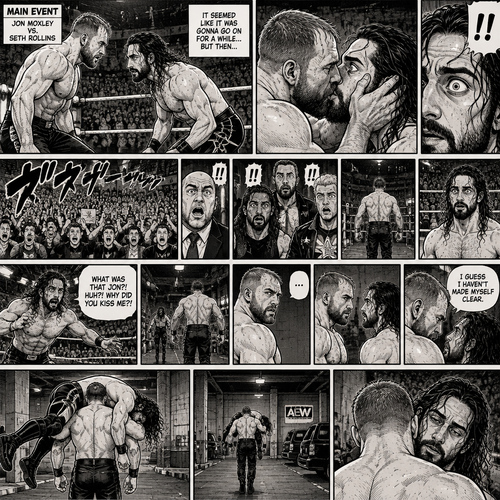 Jon Moxley and Seth Rollins were in a match against each other. It’s the main event. It seemed like it was gonna go on for a while…but then….something unexpected happened. Jon cupped his hands on Seth’s face….pulled him in…and kissed him. Seth’s eyes widened,The fans went crazy with shock,even some of the superstars that were watching were shocked. Jon then pulled away. Seth just stood there stunned. Jon didn’t say a word,he walked out of the ring and walked up the ramp. Seth eventually snapped out of it and left the ring to run to Jon. He managed to catch up to him. “What was that Jon?! Huh?! Why did you kiss me?!” Seth asked. Jon stopped walking and looked at Seth,He still didn’t say a word. He walked closer to Seth. He wrapped his arm around Seth’s waist and pulled him close,Then he whispered in Seth’s ear “I guess I haven’t made myself clear”. He lifted Seth over his shoulder,Then he walked to the parking lot