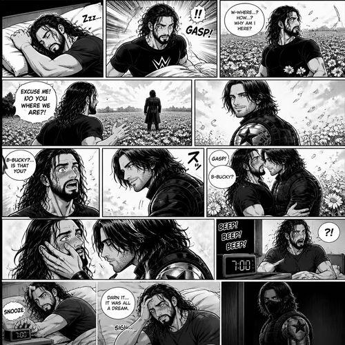 Seth Rollins was asleep on his bed,Then he woke up….On a field of flowers,He was confused as to how and why he was there.Then he noticed a mysterious man ahead of him with his back turned.He stands up. “Excuse me! Do You know where we are?!” Seth called out.The mysterious man turned around and faced Seth….It was Bucky.Seth was surprised. “B-Bucky?…Is that you?” Seth asked.Bucky said nothing…He just smiled and walked towards Seth.He stopped once he was in front of Seth.He wrapped his arm around his waist and pulled him closer.Seth Gasped. “B-Bucky?” Seth asked.Bucky gently placed his hand on Seth’s cheek.Seth blushed.Bucky leaned forward to Seth…And kissed him softly.Then….Seth’s alarm clock went off,Seth woke up.He pressed the snooze button. “Darn it….It was all a dream” Said Seth.He sighed in disappointment….Little did he know….The winter soldier was watching in the shadows