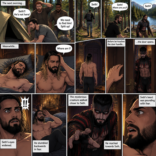 (Recap). Seth Rollins was camping with a group of friends,A mysterious creature (Finn Bálor) was watching him,at midnight Seth and the group were sleeping in their tents,The mysterious creature slowly walked towards Seth’s tent,he unzipped the tent,He quietly crawled into Seth’s tent,then he looked at Seth who was still sleeping,He gently caressed Seth’s cheek,Seth hummed softly in his sleep,the mysterious creature lifted the sleeping Seth in his arms,”I finally got you…my bride” the mysterious creature whispered,Then he quietly walked out of Seth’s tent while holding the sleeping Seth,then teleported away. (And now part 2). The next morning,Seth’s group woke up and noticed Seth was gone. They looked for him. Meanwhile,Seth was asleep in some sort of bed. Then he woke up. He was confused. “Where am I?” Seth asked himself. He was in some sort of bedroom. He got up and slowly walked towards the door,Before he touched the door handle…the door opened…the mysterious creature was standing there. Seth’s eyes widened. He stumbled backwards in fear. The mysterious creature walked closer to Seth. He reached towards Seth. Seth’s heart was pounding with fear