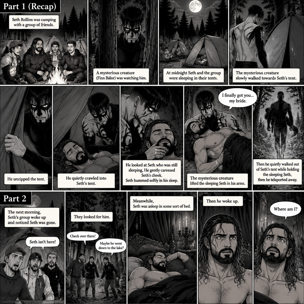 (Recap). Seth Rollins was camping with a group of friends,A mysterious creature (Finn Bálor) was watching him,at midnight Seth and the group were sleeping in their tents,The mysterious creature slowly walked towards Seth’s tent,he unzipped the tent,He quietly crawled into Seth’s tent,then he looked at Seth who was still sleeping,He gently caressed Seth’s cheek,Seth hummed softly in his sleep,the mysterious creature lifted the sleeping Seth in his arms,”I finally got you…my bride” the mysterious creature whispered,Then he quietly walked out of Seth’s tent while holding the sleeping Seth,then teleported away. (And now part 2). The next morning,Seth’s group woke up and noticed Seth was gone. They looked for him. Meanwhile,Seth was asleep in some sort of bed. Then he woke up. He was confused. “Where am I?” Seth asked himself