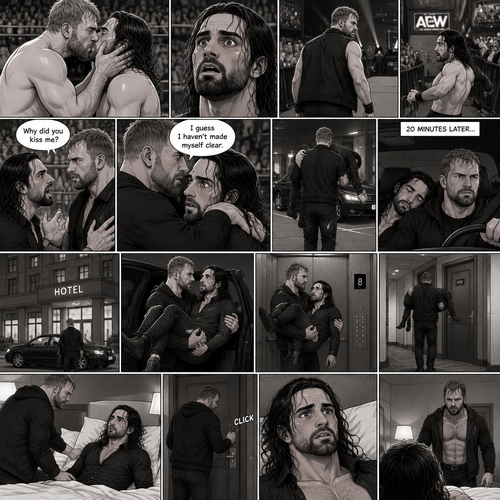 (Recap) Jon Moxley and Seth Rollins were fighting each other in a main event match against each other,Then Jon did something unexpected,He cupped his hands on Seth’s face,pulled him in and kissed him,the fans and some of the other wrestlers were shocked,Jon pulled away,Seth stood there stunned,Jon walked out of the ring and walked up the ramp,Seth eventually snapped out of it,he left the ring and ran to Jon,he wanted to know why Jon kissed him,Jon stopped walking and looked at Seth,He wrapped his arm around Seth’s waist and pulled him close,He whispered In Seth’s ear “I guess I haven’t made myself clear”,He put Seth over his shoulder and walked to the parking lot,He put Seth in the car and got in the driver seat and drove off. (And now part 2). After 20 minutes of driving Jon pulled into the parking lot of a hotel,He parked the car. He got out of the car and walked to the passenger seat. Before Seth could ask what’s going on Jon opened the door and lifted Seth in his arms,Then he walked into the hotel while holding Seth.He got in the elevator. When the elevator got to the 8th floor Jon walked out. He walked to his hotel room with Seth still in his arms,he got inside his hotel room. He gently put Seth down on the bed,Then he walked to the door and closed it and locked it. Seth’s heart was pounding a little. Jon slowly walked over to the bed. 