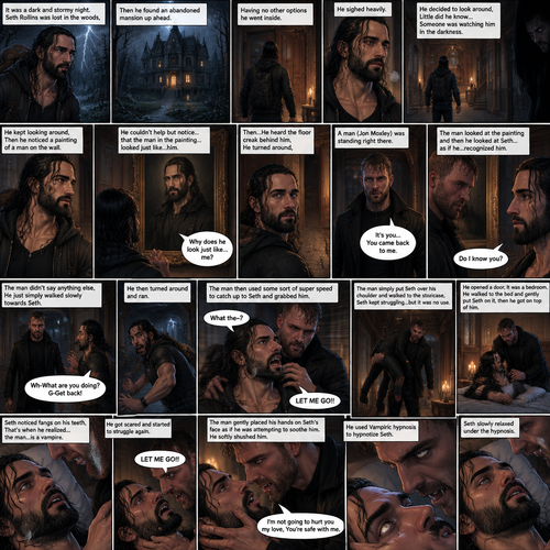 It was a dark and stormy night.Seth Rollins was lost in the woods,Then he found an abandoned mansion up ahead.Having no other options he went inside.He sighed heavily.He decided to look around,Little did he know…Someone was watching him in the darkness.He kept looking around,Then he noticed a painting of a man on the wall,He couldn’t help but notice…that the man in the painting…looked just like…him. “Why does he look just like…me?” Seth asked himself.Then…He heard the floor creak behind him,He turned around,A man (Jon Moxley) was standing right there.The man Looked at the painting and then he looked at Seth…..as if he….recognized him. “It’s you…You came back to me” The man said softly to Seth.Seth was confused. “Do I know you?” Seth asked.The man didn’t say anything else,He just simply walked slowly towards Seth.Seth got nervous and walked backwards slowly. “Wh-What are you doing?” Asked Seth. “G-Get back!” Said Seth.He then turned around and ran.The man then used some sort of super speed to catch up to Seth and grabbed him. “What the-?” Asked Seth. He struggled. “LET ME GO!!” Seth shouted.The man simply put Seth over his shoulder and walked to the staircase,Seth kept struggling…but it was no use.The man walked down the hallway,He opened a door,It was a bedroom,He walked to the bed and gently put Seth on it,then he got on top of him.The man Smiled,Seth noticed fangs on his teeth,That’s when he realized…the man…is a vampire,He got scared and started to struggle again.The man gently placed his hands on Seth’s face as if he was attempting to soothe him.He softly shushed him. “I’m not going to hurt you my love,You’re safe with me” The man said softly.He looked deeply into Seth’s eyes,He used Vampiric hypnosis to hypnotize Seth.Seth slowly relaxed under the hypnosis