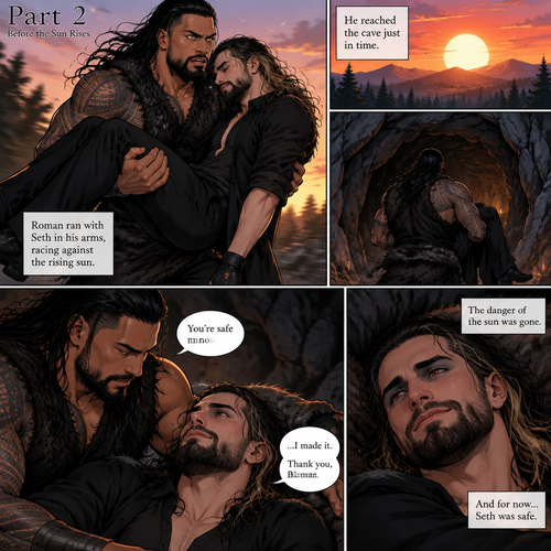 (Part 2 of the Werewolf x vampire story). Roman Reigns (The werewolf) was running to his cave with Seth Rollins (The vampire) in his arms to get him out of the sun. Roman managed to get there before the sun fully rose. Seth was relieved