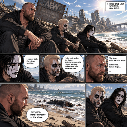It’s a post apocalyptic world,There was no one walking down on the land….well….except for three AEW wrestlers! Jon Moxley,Darby Allin and Steven Borden (Sting’s son).They worked together side by side in this post apocalyptic world.They thought they were the last wrestlers alive….but little did they know…that on this day….they would be proven wrong.It was a sunny afternoon,Jon,Darby and Steven were just sitting near a beach talking and reminiscing about the time before this world became barren.Steven was reminiscing about his dad and how much he misses him,Darby was reminiscing about his friends,His family and the fans at AEW.Jon was sitting silently,Thinking about the fans at AEW and some other people in his life…He was also thinking about…Seth Rollins and Roman Reigns.He looked at the ocean….That’s when he saw….and unconscious person getting washed up on the shore.He slowly stood up. “Hey guys…there’s someone on the shore” Jon said to Darby and Steven