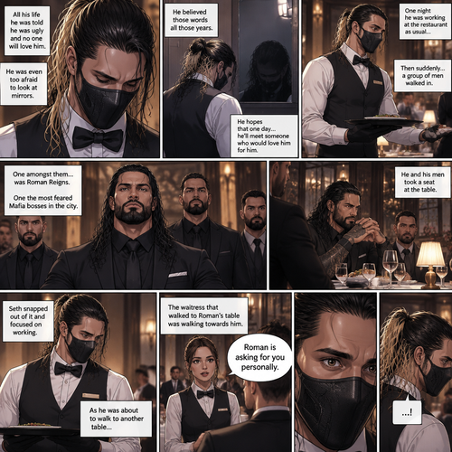Seth Rollins is a waiter at a fancy restaurant,He’s wearing a mask that covers his face. The reason for that is heartbreaking. All his life he was told he was ugly and no one will love him. He was even too afraid to look at mirrors. He believed those words all those years. He hopes that one day…he’ll meet someone who would love him for him. One night he was working at the restaurant as usual…then suddenly….a group of men walked in the restaurant,One amongst them…was Roman Reigns,One the most feared Mafia bosses in the city. He and his men took a seat at the table. He snapped out of it and focused on working,One of the waitresses went to Roman’s table. As Seth was about to walk to another table…the waitress that walked to Roman’s table was walking towards him and told him that Roman was asking for him personally