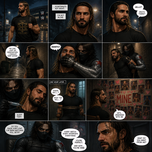 Seth Rollins walking home from the arena alone.Then…he sensed a presence behind him…He turned around…but no one was there.He was about to turn around again…Then he was grabbed from behind…It was the winter soldier.He covered Seth’s mouth with his hand before he could scream.The winter soldier Dragged Seth into an alleyway.Seth struggled.The winter soldier then injected him with a sedative,After that Seth slowly lost consciousness.After an hour Seth wakes up in some sort for room,He was tied to a chair.He looked to the left….There were tons of photos of him and there were hearts around them and in the middle…was the word “mine”.That’s when Seth realized…The winter soldier was obsessed with him. “Do you