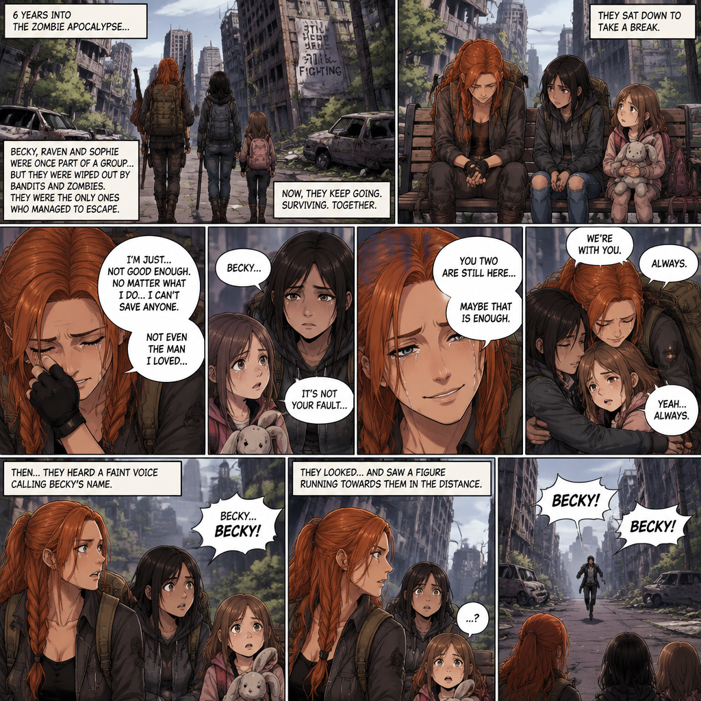 (Recap)It’s a zombie apocalypse,It’s been that way for 6 years,Becky lynch is surviving with two people,A teenager named Raven and a little girl named Sophie,They used to be part of a group…but they got wiped out by Bandits and Zombies,Becky,Raven and Sophie were the only ones that managed to escape.m,They’re currently walking in the city,They sat down on a bench to take a break,They were silent for a while,Then Becky started to cry,Raven and Sophie were concerned,Becky felt like nothing she did was good enough and that she couldn’t save anyone even the man she loved,Raven and Sophie were sad to see Becky like this,They reassured her,Becky smiled softly,They all hug each other. (And now part 2). Becky,Raven and Sophie were still sitting on the bench. Then…they heard a faint voice calling Becky’s name. They looked…and see a figure running towards them and calling Becky’s name in the distance