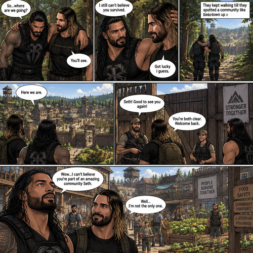 (Part 2 of the Zombie Apocalypse story). Still in the woods,Still far away from the zombies. Roman Reigns was still limping from the sprained ankle and Seth Rollins was helping him walk. It had been 4 hours since they reunited. “So…where are we going?” Roman asked. “You’ll see” said Seth. “I still can’t believe you survived” Said Roman. “Got lucky i guess” said Seth. They kept walking till they spotted a community like town up a head. “Here we are” Said Seth. They walked towards it. One of the guards recognized Seth. The guards let Seth and Roman in. Roman looked at the surroundings,he was amazed. “Wow…I can’t believe you’re part of an amazing community Seth” Said Roman. “Well…I’m not the only one” said Seth